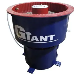 Giant blue and red colored vibratory batch bowl